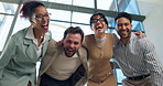 Face, business people laugh and hug with group in financial office for solidarity and low angle. Team, funny portrait and workers embrace with smile, support or collaboration in investment agency