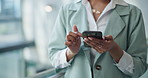 Hands, phone and scroll with business woman in office for networking, social media and online news. Technology, communication and website with employee for mobile app, text message and internet