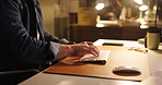 Business, hands and man with keyboard, night and typing with deadline for news report. Evening, person and journalist in workplace, pc and research for article, publication and email with internet