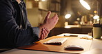 Hands, computer and business man with wrist pain from typing, burnout or tired journalist at night. Deadline, keyboard and worker with carpal tunnel syndrome, injury or writing news report in office