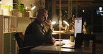 Man, thinking and computer in office at night with review, work article and deadline. Business person, overtime and laptop for research, information and task commitment for draft publishing company