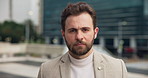 Face, serious and business man in city as urban planner for property development with bokeh. Portrait, corporate and professional outdoor with confidence, opportunity and zoning inspector in Germany