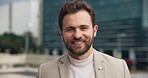 Face, smile and business man in city as urban planner for property development with bokeh. Portrait, corporate and professional outdoor with confidence, opportunity and zoning inspector in Germany