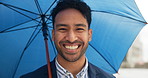 Happy, umbrella and face of businessman in city for morning commute, travel and journey to work. Professional, weather protection and portrait of person with confidence, pride and career in town