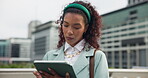 City, employee and woman with tablet, online or plan for property development, serious and research. Browsing, urban planner and person with tech for real estate updates and infrastructure news