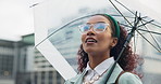 Breathe, umbrella and business woman in city for morning commute, travel and trip to work. Professional, weather protection and person with inspiration, thinking and thoughtful in town for career