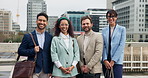Face, business and people in city, happiness and legal team with confidence, about us and pride. Group, attorney and lawyers with smile, support and cooperation with urban town and travel in New York