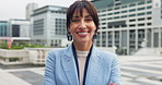 Smile, business and woman with face in city for real estate agent, about us and urban development. Portrait, female realtor and laughing with career pride, property viewing and expansion opportunity