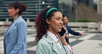 Phone call, walking and businesswoman in town with communication, networking or finance deal. Cellphone, briefcase and female financial manager on mobile discussion for investment negotiation in city