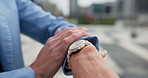 Business, hands and woman in city, watch and travel with morning commute, late and professional. Time management, closeup and person in street, journey and wait with schedule, appointment and delay