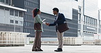 Business people, meeting and city with handshake for introduction, welcome or startup together. Businessman, woman or colleagues shaking hands with proposal for b2b, partnership or agreement in town