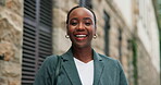 Face, business and black woman with smile in city for travel, about us and accountant. Portrait, female person and confidence with ambition, finance consultant and career pride with morning commute