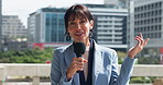 Woman, face or anchor talking with mic in city for broadcast, breaking news or mass media reporter. Portrait, female person or presenter speaking with global announcement for live story in urban town