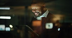 Window, tablet and business black man at night for investment, stock market research and online trading. Happy, corporate and person on digital tech for fintech website, finance review and planning