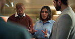 Night, talking and team of business people in office for feedback, article ideas and meeting. Creative, media agency and men with women brainstorming for news story, discussion and online report
