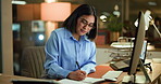 Writing, glasses and computer with business woman in office for night, audit results and economy report. Tax deadline, account manager and digital list with person in agency for budget review