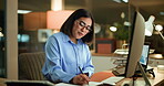 Writing, planning and computer with business woman in office for night, audit results and economy graph. Tax deadline, account manager and digital report with person in agency for budget  review