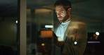 Window, tablet and businessman at night in office for investment, stock market and online trading. Professional, corporate and person on digital tech for fintech website, finance review and research