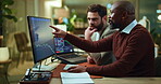 Pointing, computer or people in office with stock market analysis, graph or coaching for investment. Training, technology or investor in discussion with data, crypto trading and profit strategy.
