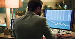 Businessman, night or back with screen for stock market trading, data or statistics in office. Man, broker or investor working late with technology display or app for cryptocurrency in workplace