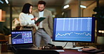 Business people, night and computer screen with stock market platform for trading in office. Businessman, woman or brokers with technology display or analytics for cryptocurrency, graph or chart