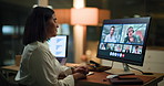 Night, video conference and business woman in office for virtual meeting, discussion and webinar. Computer, corporate and person with team on screen for online seminar, conversation and communication
