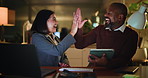 Business people, tablet and high five with laptop at night for article award, recognition or celebration. Tech, journalist and team victory in office for publication deadline, news headline and late