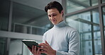 Happy, man and employee with tablet in office, realtor or review of property listing on web and plan. Browsing, virtual tour and search for investment opportunity, real estate and person with tech