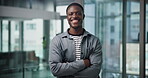 Face, business and black man with arms crossed in office for career pride, about us and media reporter. Portrait, journalist and confidence with smile, creative job and article editor for publication