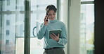 Man, talking and phone call with tablet in office for real estate, property research and negotiation. Realtor, mobile discussion and digital to contact client, viewing agenda and feedback for resale