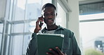 Phone call, tablet and black man in office with communication, networking or connectivity. Digital technology, cellphone and African male editor on mobile discussion for creative project in workplace
