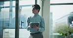 Business man, tablet and window with thinking for finance information, trading research or investment insight. Reflection, financial vision and trader in office on tech for stock market at workplace