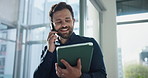 Phone call, smile and tablet with business man in office for management or planning from below. App, conversation and feedback with happy employee in professional workplace for report or review