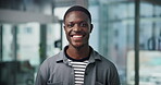 Face, business and black man with smile in office for career pride, about us and media reporter. Portrait, male journalist and confidence with ambition, creative job and article editor of publication