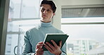 Thinking, business and man with tablet in office for real estate, research and listing solution. Below, realtor and digital for building design, viewing agenda and property plan of resale opportunity
