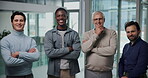 Face, business and men in office with collaboration, confident and partnership in meeting. Happy, management and team in company with crossed arms, corporate and professional for networking.