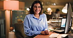 Smile, research and computer with face of woman in office for finance graph, night or tax account report. Budget review, audit deadline and revenue analysis with person in investment firm for bokeh
