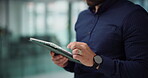 Man, hands and search with tablet in office, realtor and review of property listing on web and plan. Browsing, virtual tour and online for investment opportunity, real estate and person with tech