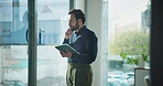 Planning, tablet and window with business man in office for management, research or vision. Administration, app and thinking with employee in professional workplace for problem solving or review