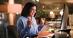 Happy woman, fist pump and computer at night, office and profit with stock market trading at finance agency. Person, investor and smile with goals, achievement and revenue growth with pc at company