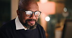 Business, black man and glasses with graphs in office at night, finance report and solution. Mature person, pc and reading reflection with financial results, profit growth and stats of audit deadline