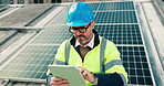Engineer, solar panel or man with tablet in renewable energy, inspection or repair in sustainability. Digital, maintenance or photovoltaic tech with smart grid, installation on roof in electricity.