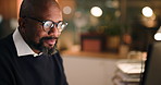 Black man, reading and night with computer in office for accounting, finance graphs and solution. Mature person, pc and glasses reflection of financial data, profit growth and stats of audit deadline