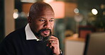 Mature, black man and night in office with reading, accountant or financial manager with idea. Bookkeeping, thinking and business person with computer, overtime research and administration agency
