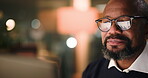 Business, black man and graphs on computer in office for accounting, finance results and night. Mature person, pc and glasses reflection of financial charts, profit growth and stats of audit deadline