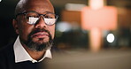 Black man, reading and graphs on computer in office for accounting, finance results and night. Mature person, pc and glasses reflection of financial charts, profit growth and stats for audit deadline