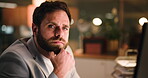 Portrait, thinking and man in office with computer, ideas and increase sales for financial agency. Research, planning and adviser in business with tech, accounting and online in investment for profit