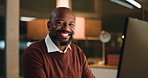 Laugh, black man and night in office with face, accountant or financial manager with smile. Bookkeeping, portrait and mature business person with computer, overtime research and administration agency