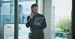 Phone call, tablet and businessman in office with communication, networking or connectivity. Digital technology, cellphone and male editor on mobile discussion for creative project in workplace