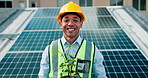 Face, photovoltaic engineer and happy man with plant on roof in city for green power. Smile, renewable energy and solar panel technician with portrait, eco friendly electricity and sustainability